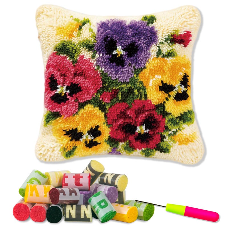 LAPATAIN Latch Hook Kits for DIY Throw Pillow Cover,Needlework Cushion Cover Hand Craft Crochet 17X17inch(Color Flower) - Image 1